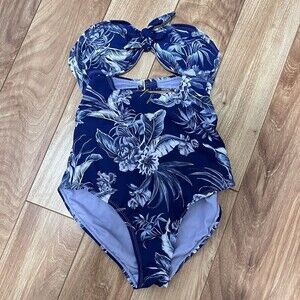 Ambrielle Blue One Piece Bathing Suit Floral Size S Swimsuit Front Tie Cut Out